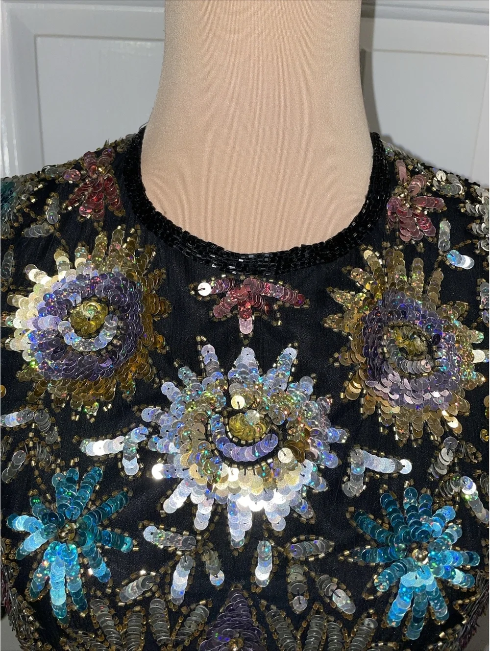 Laurence Kazar NewYork 100% Sequin Silk Dress Black Floral Small Formal Lined